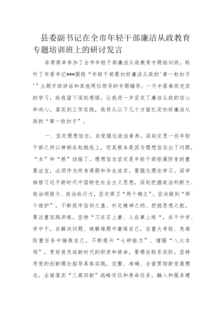 县委副书记在全市年轻干部廉洁从政教育专题培训班上的研讨发言.docx_第1页