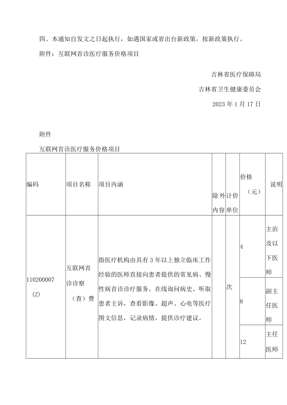 吉林省医疗保障局、吉林省卫生健康委员会关于明确吉林省医疗机构互联网首诊医疗服务价格项目及医保支付工作的通知.docx_第2页