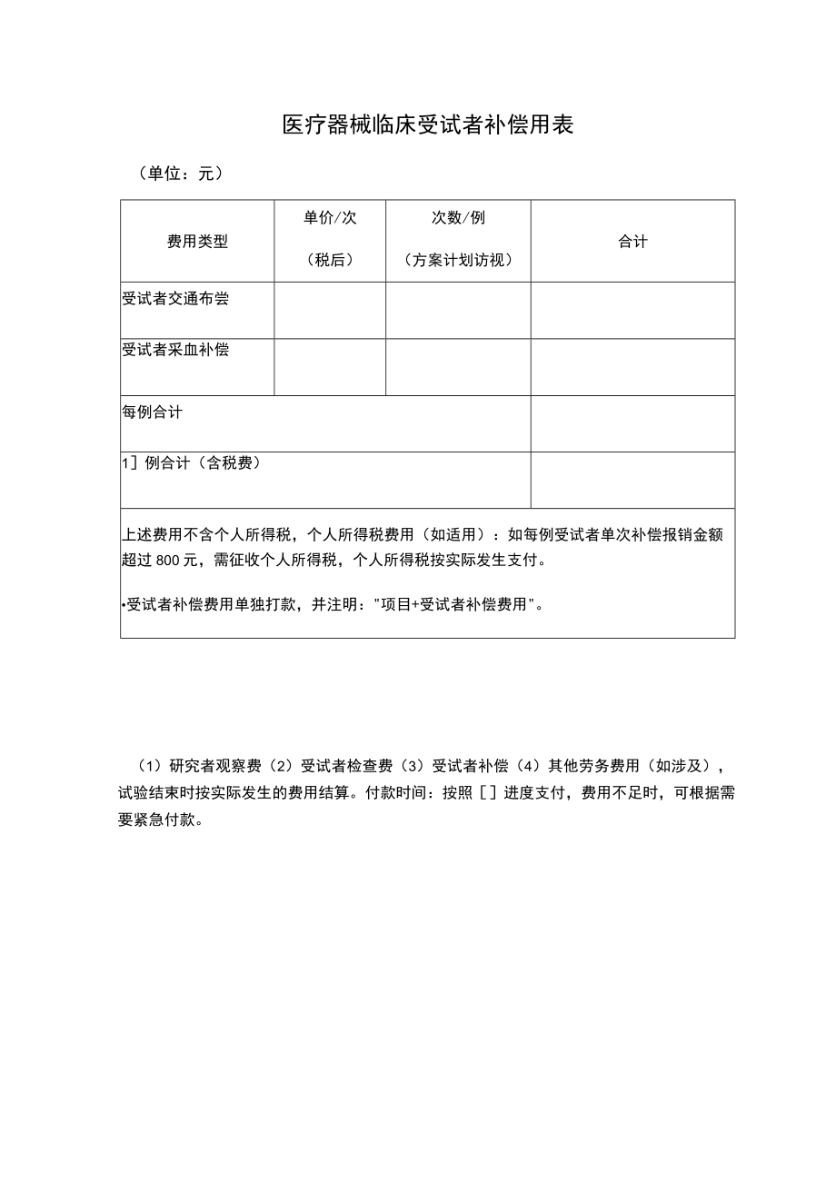 医疗器械临床受试者补偿用表.docx_第1页