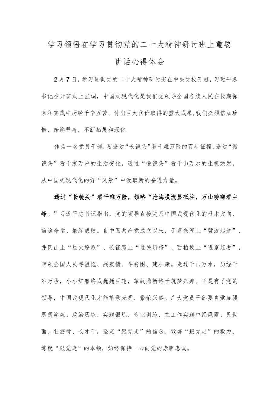 学习领悟在学习贯彻党的二十大精神研讨班上重要讲话心得体会.docx_第1页