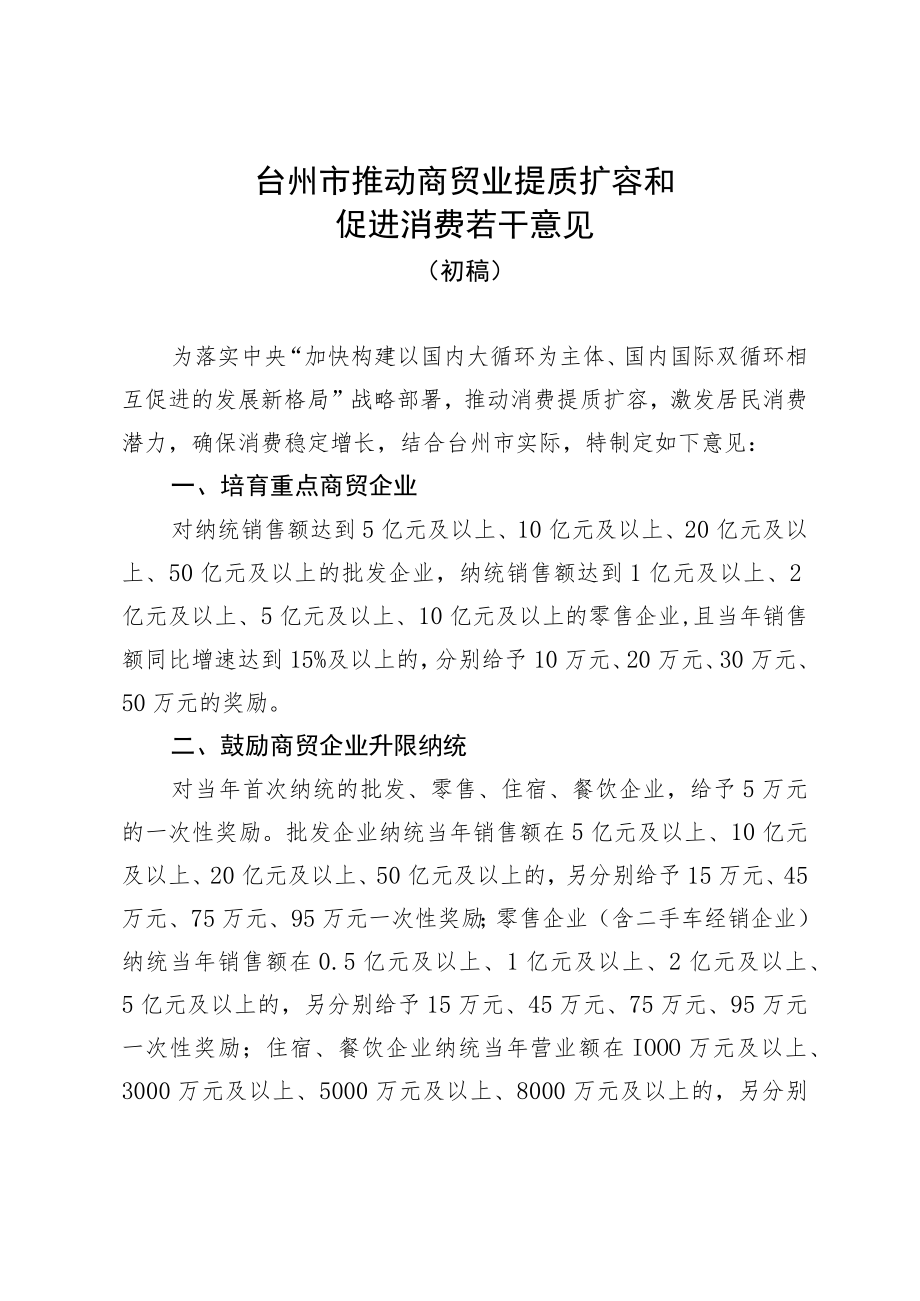 台州市推动商贸业提质扩容和促进消费若干意见（初稿）.docx_第1页