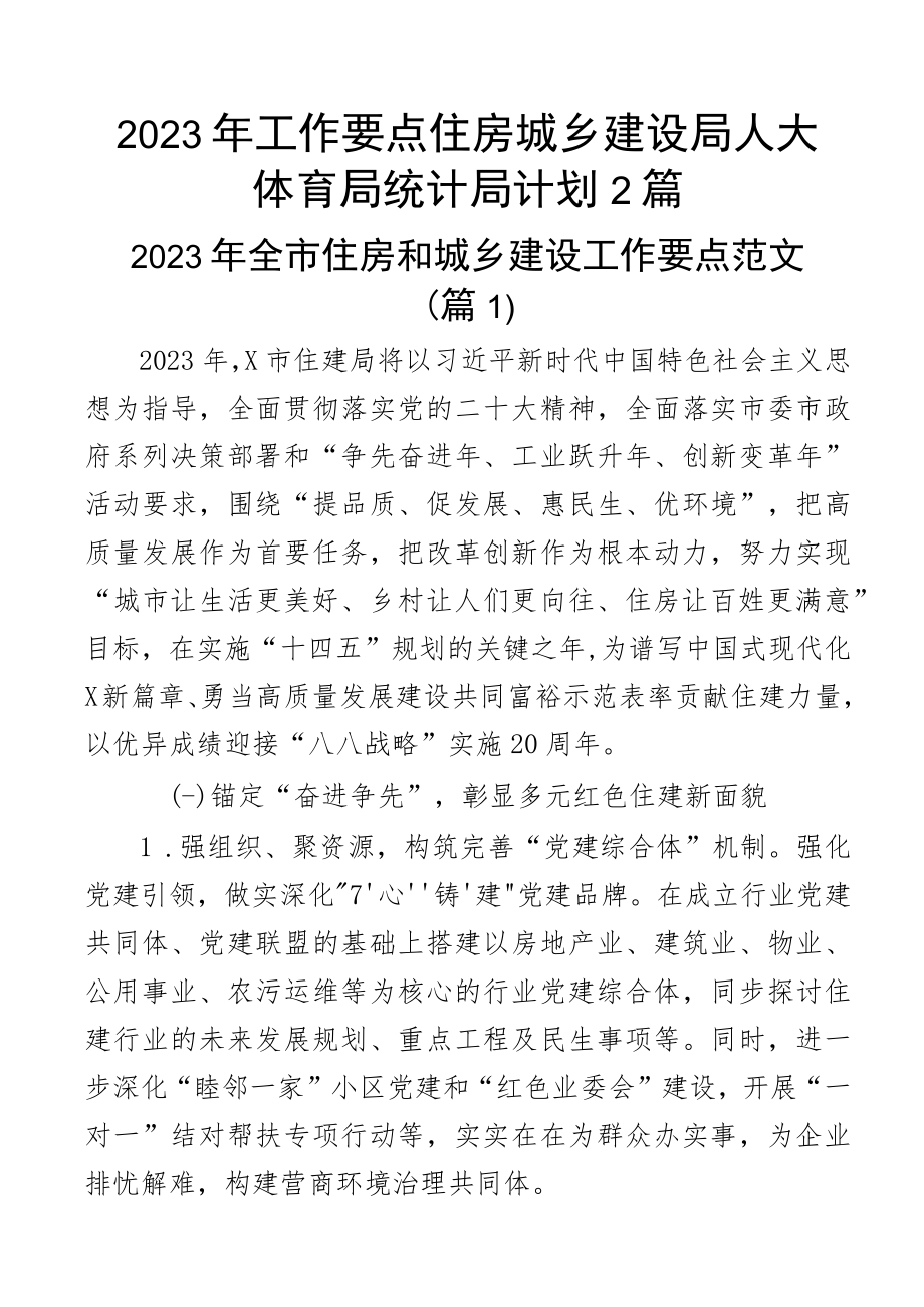 2023年工作要点住房城乡建设局人大体育局统计局计划2篇.docx_第1页