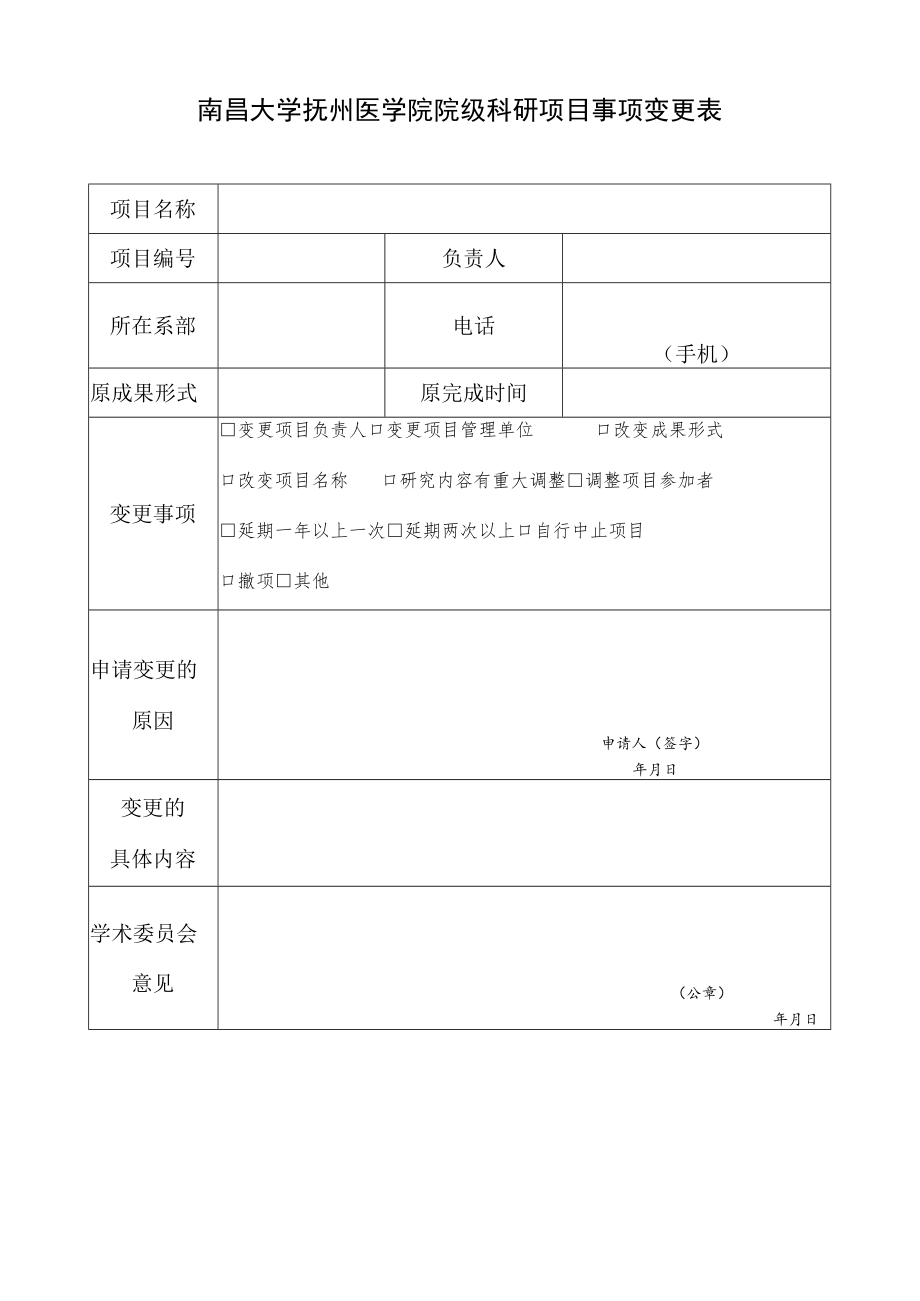 南昌大学抚州医学院院级科研项目事项变更表doc.docx_第1页