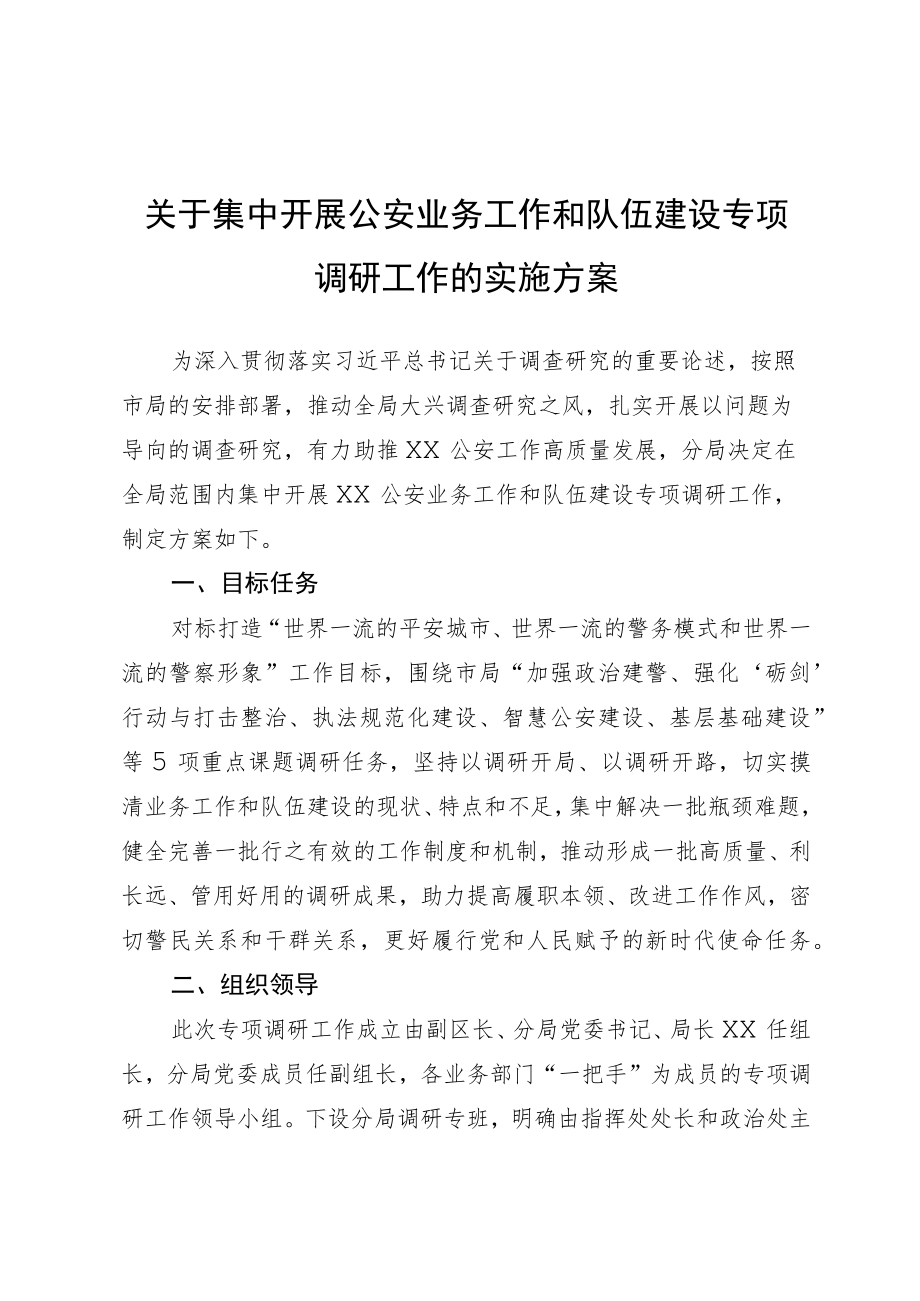 关于集中开展公安业务工作和队伍建设专项调研工作的实施方案.docx_第1页