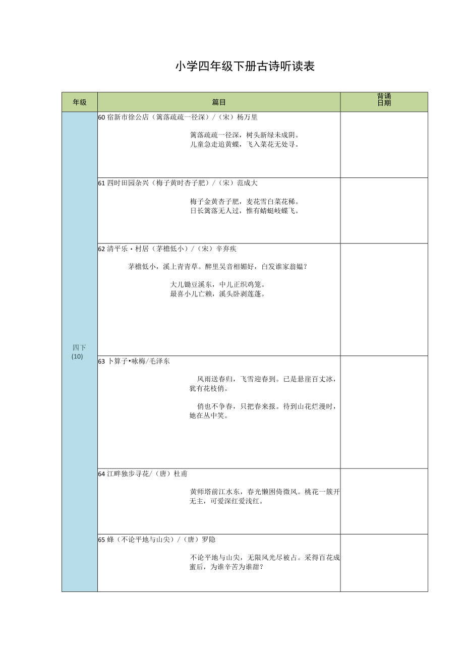 小学四年级下册古诗听读表.docx_第1页