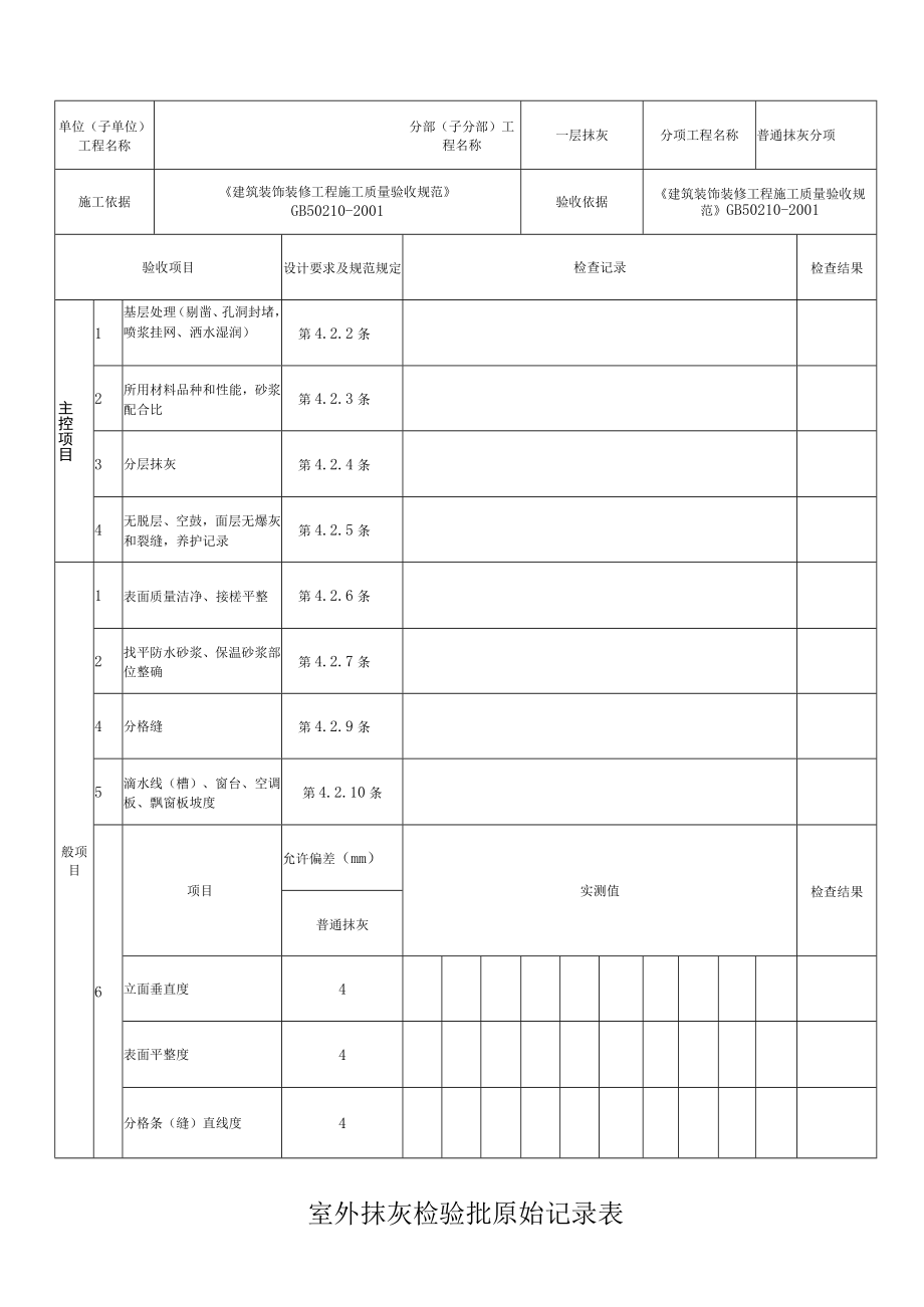 室外抹灰检验批原始记录表.docx_第1页