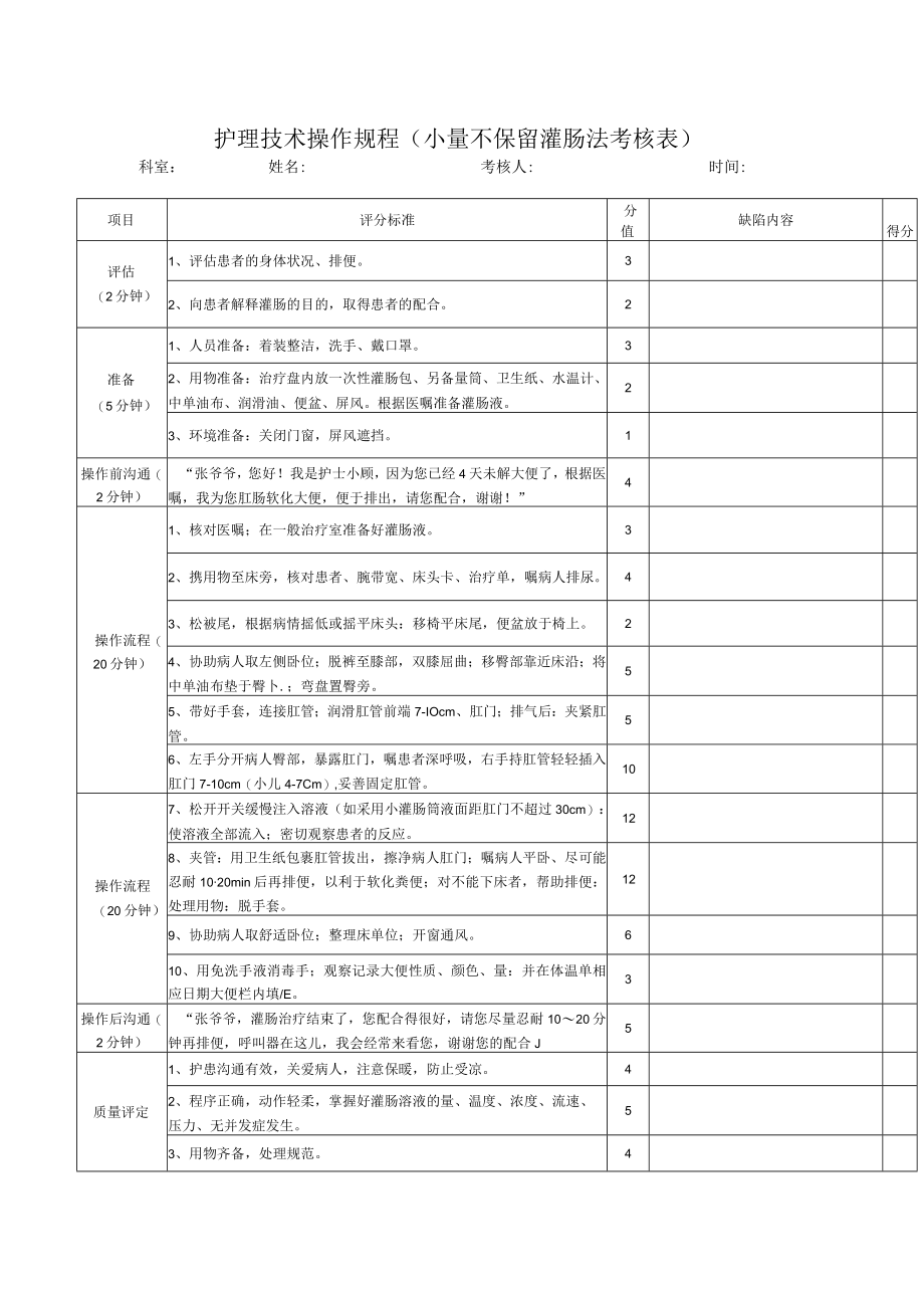 护理技术操作规程（小量不保留灌肠法考核表）.docx_第1页