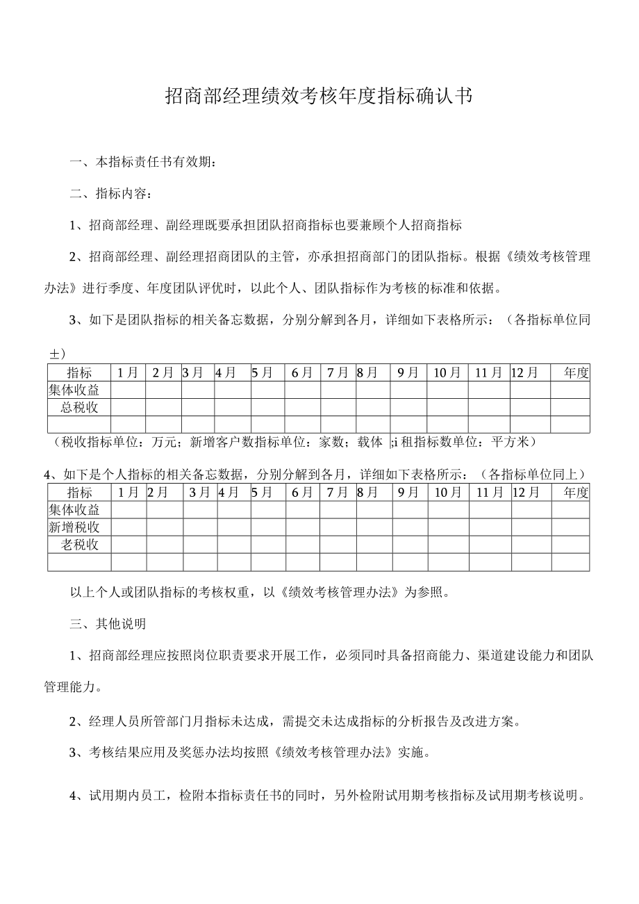 招商部经理绩效考核年度指标确认书.docx_第1页