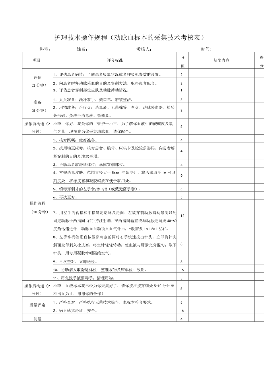 护理技术操作规程（动脉血标本的采集技术考核表）.docx_第1页