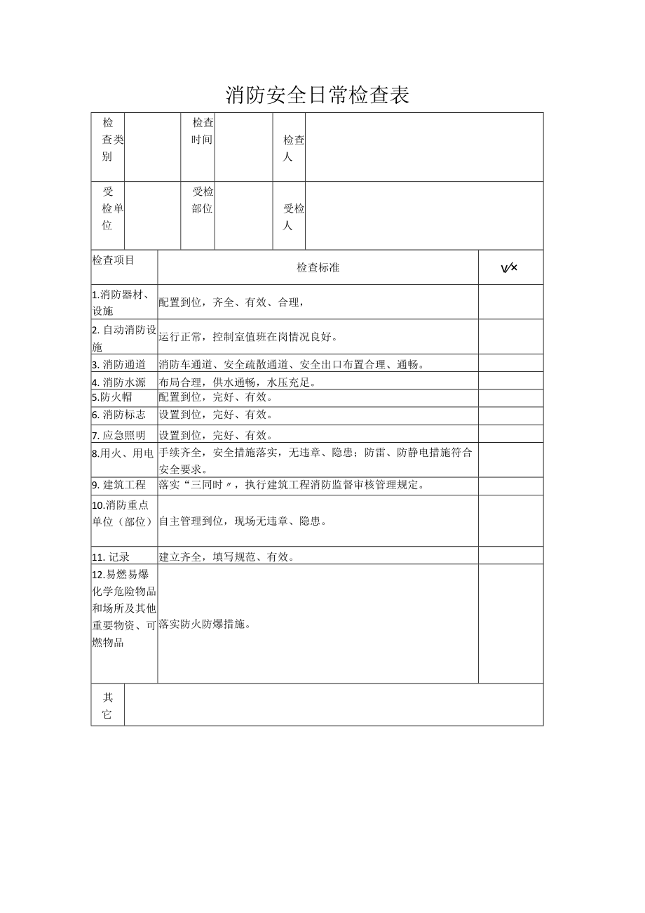 春节后复工施工现场安全检查表之消防安全日常检查表.docx_第1页