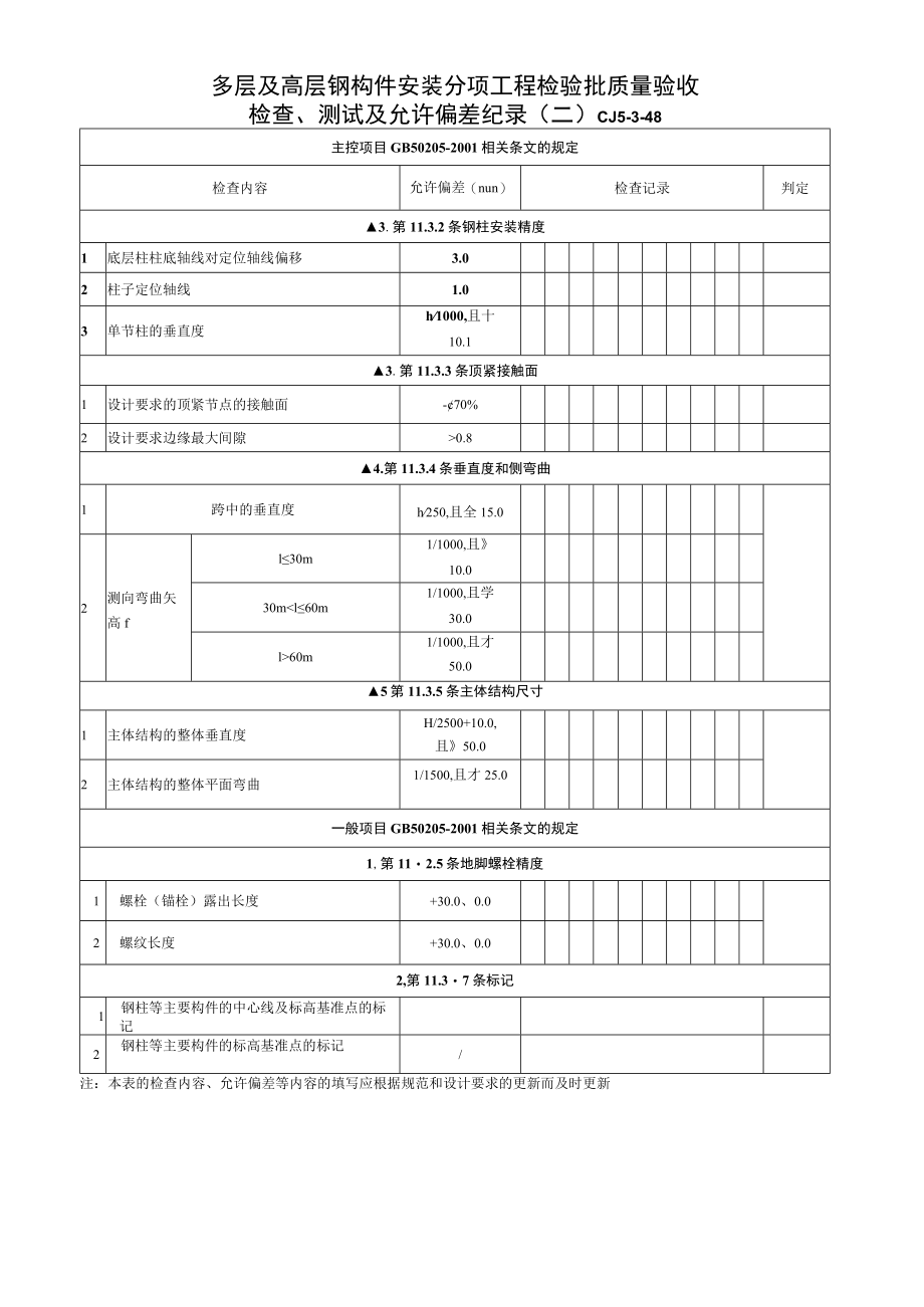 多层及高层钢构件安装分项工程检验批质量验收检查、测试及允许偏差纪录.docx_第2页