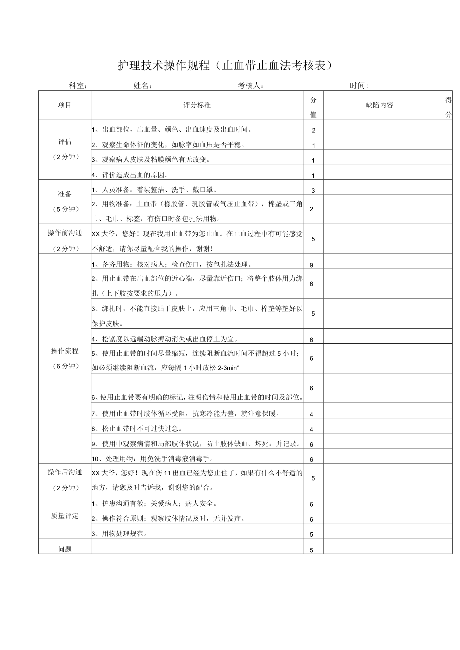 护理技术操作规程（止血带止血法考核表）.docx_第1页