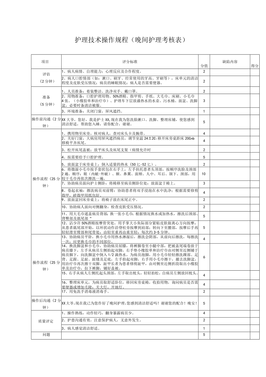 护理技术操作规程（晚间护理考核表）.docx_第1页