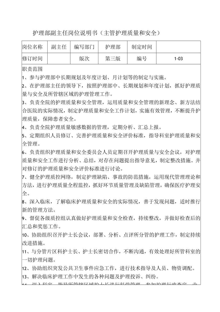 护理部副主任岗位说明书（主管护理质量和安全）.docx_第1页