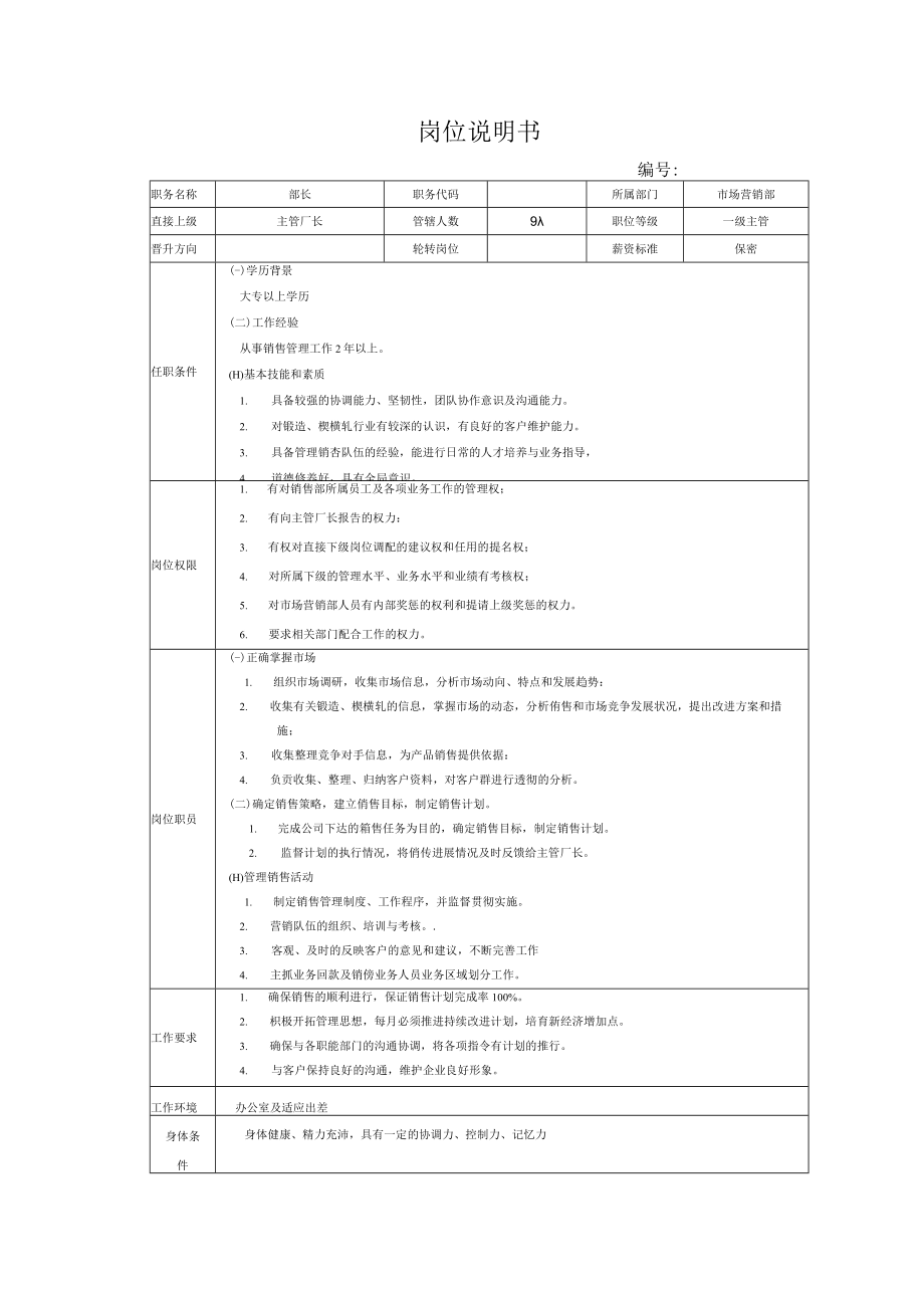 市场营销部各岗位说明书.docx_第1页