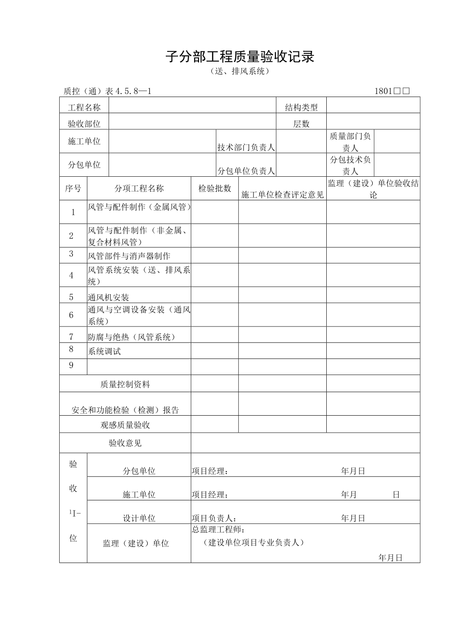 子分部工程质量验收记录（送、排风系统）.docx_第1页