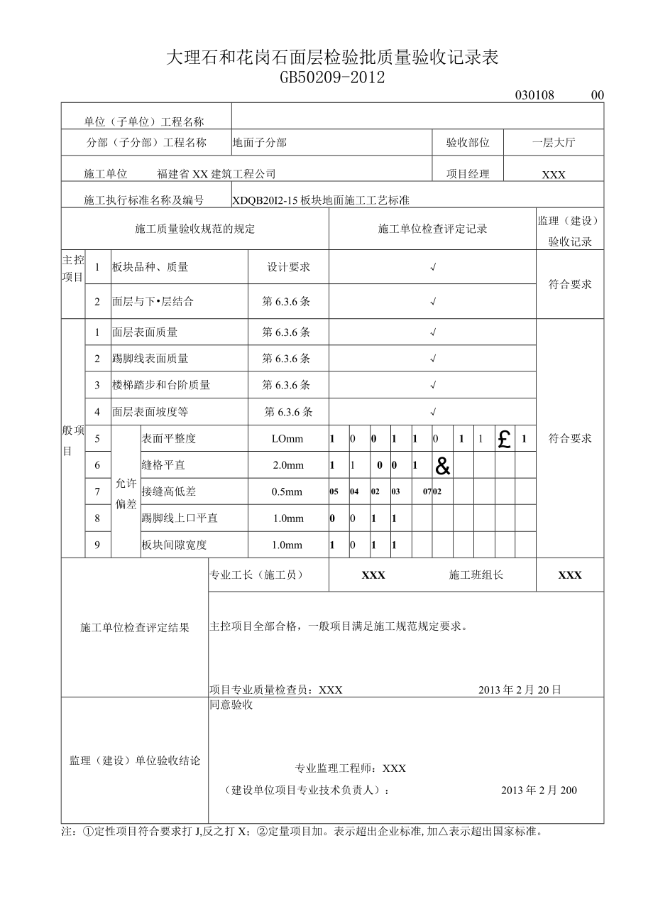 大理石和花岗石面层检验批质量验收记录表.docx_第1页