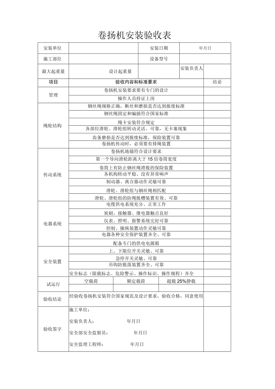 春节后复工施工现场安全检查表之卷扬机安装验收表.docx_第1页