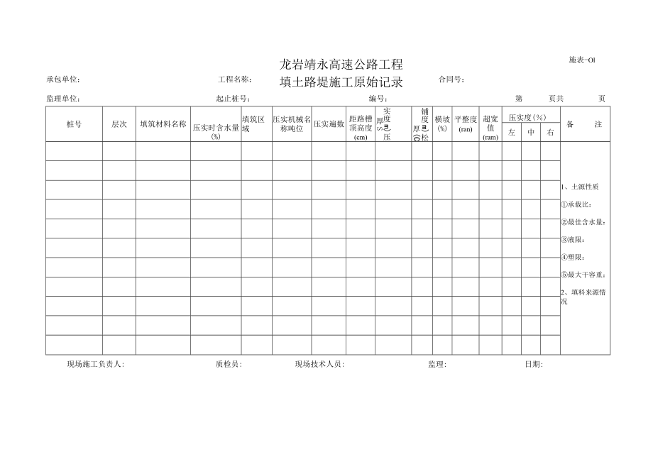 施表-01 填土路堤施工原始记录表.docx_第1页