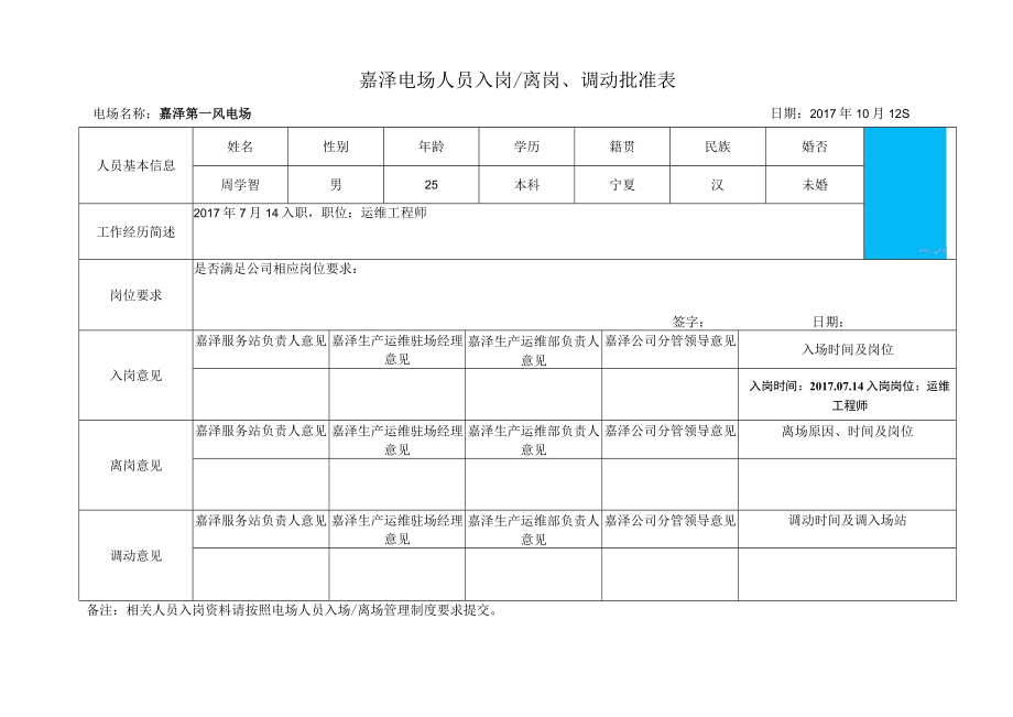 最新版嘉泽 电场人员入岗离岗备案表模板doc.docx_第1页