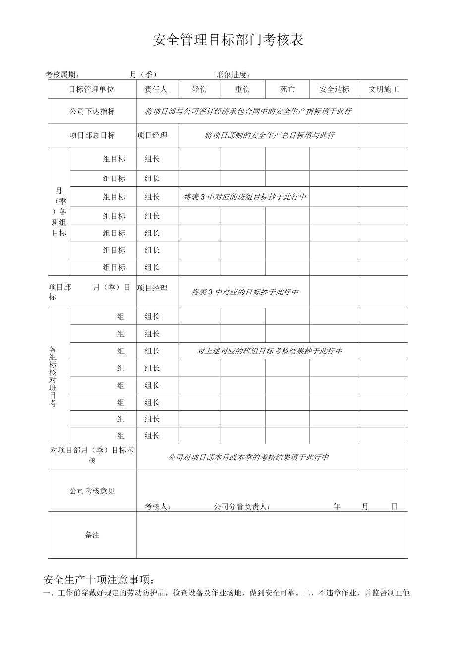 安全管理目标部门考核表模板.docx_第1页