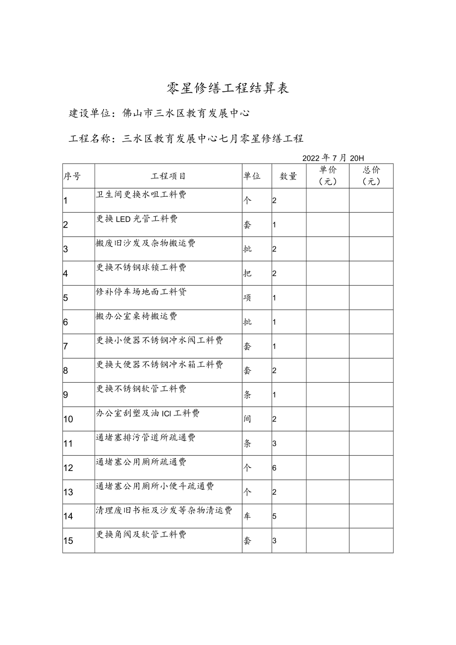 零星修缮工程结算表.docx_第1页