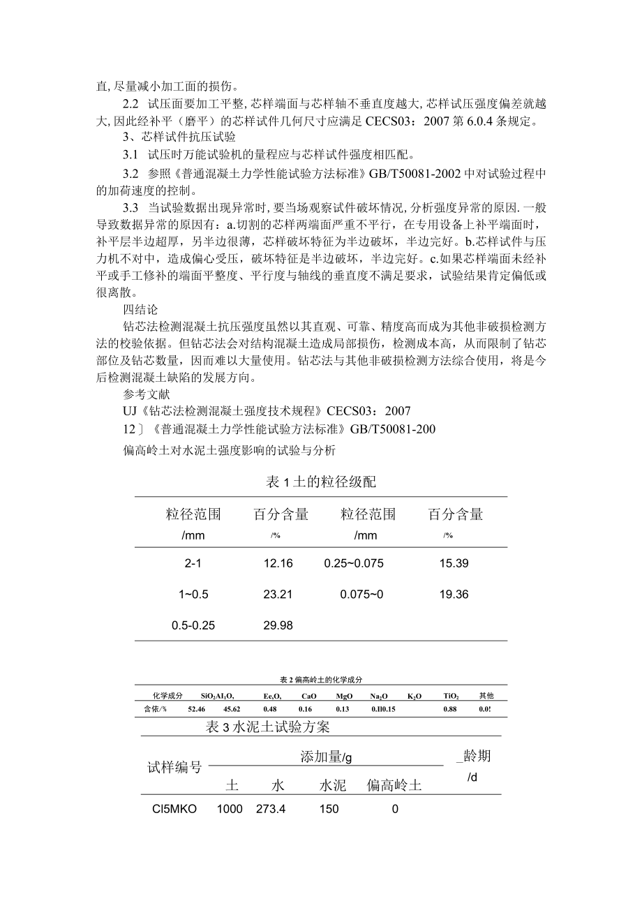 浅谈钻芯法检测混凝土强度方法及影响因素+偏高岭土对水泥土强度影响的试验与分析.docx_第2页