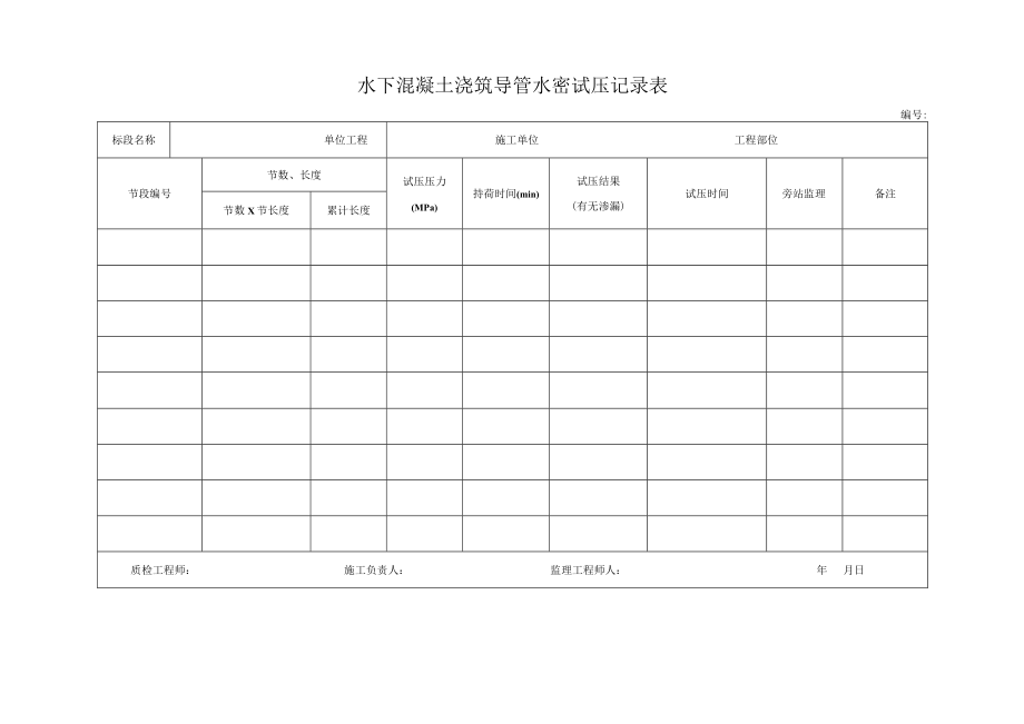 水下混凝土浇筑导管水密试压记录表.docx_第1页