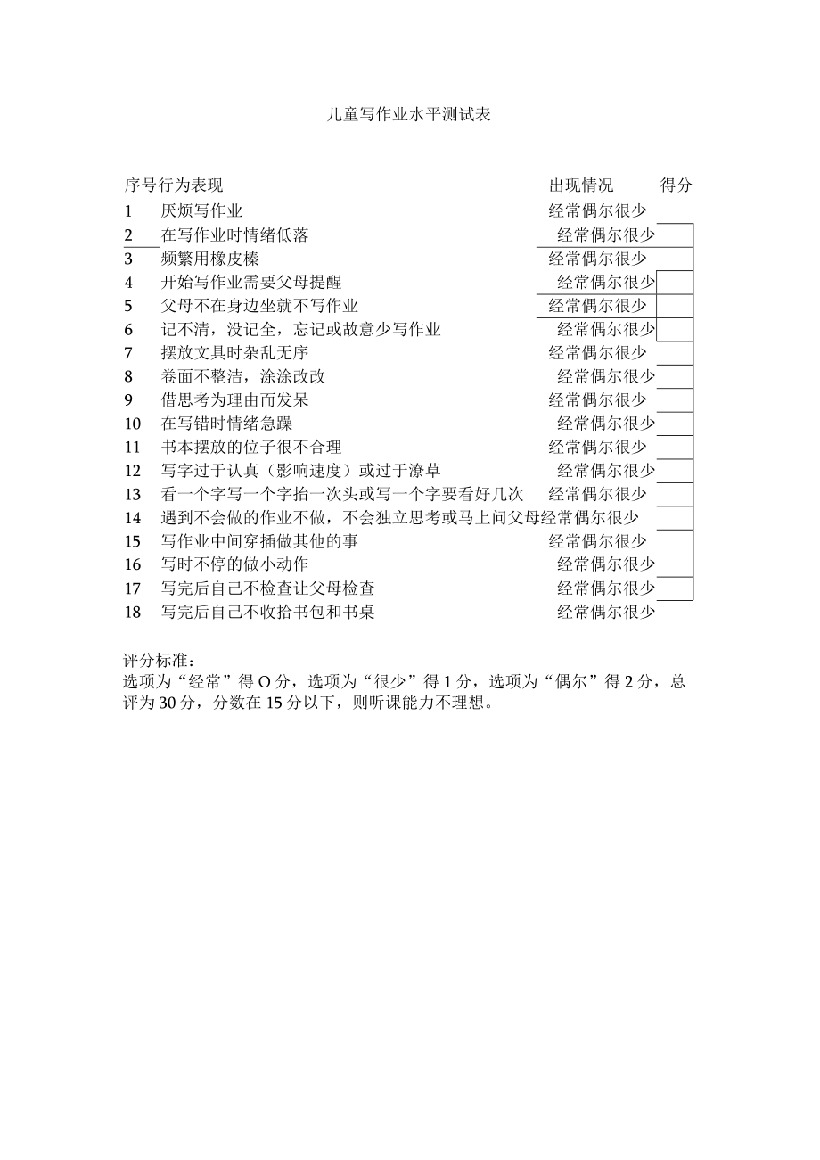 儿童写作业水平测试表.docx_第1页