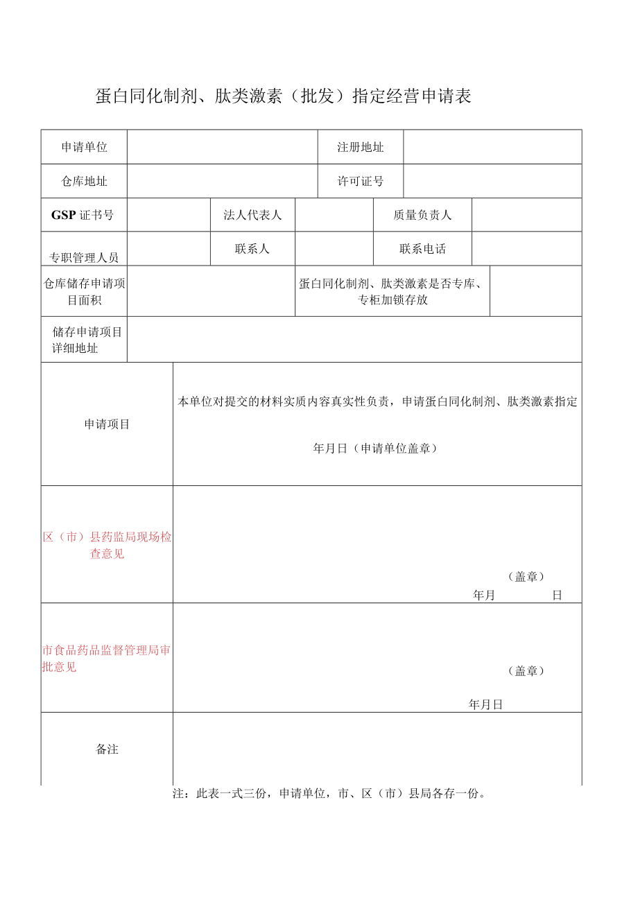 蛋白同化制剂、肽类激素批发指定经营申请表.docx_第1页