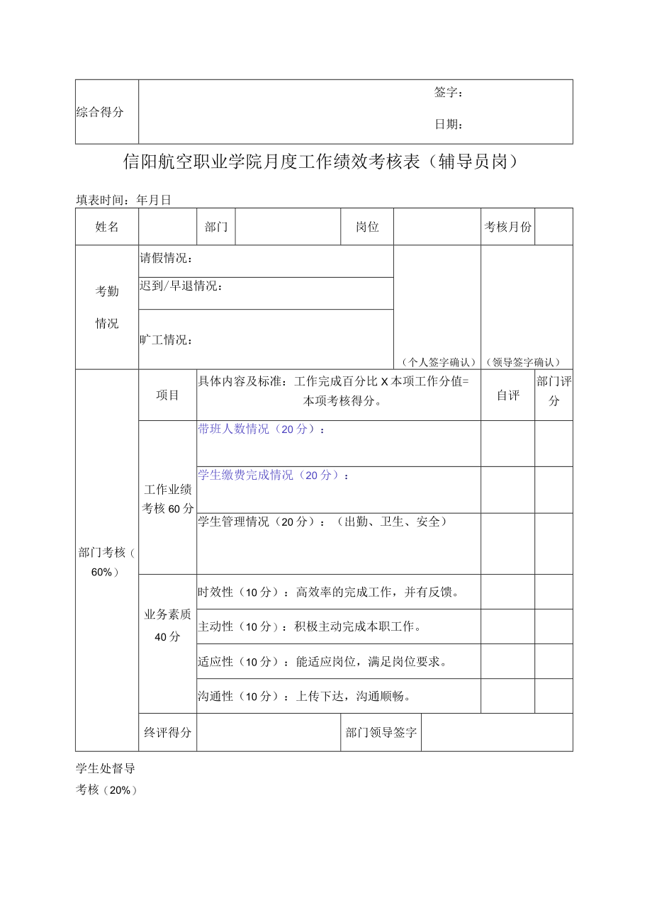 信阳航空职业学院月度工作绩效考核表教学岗.docx_第2页