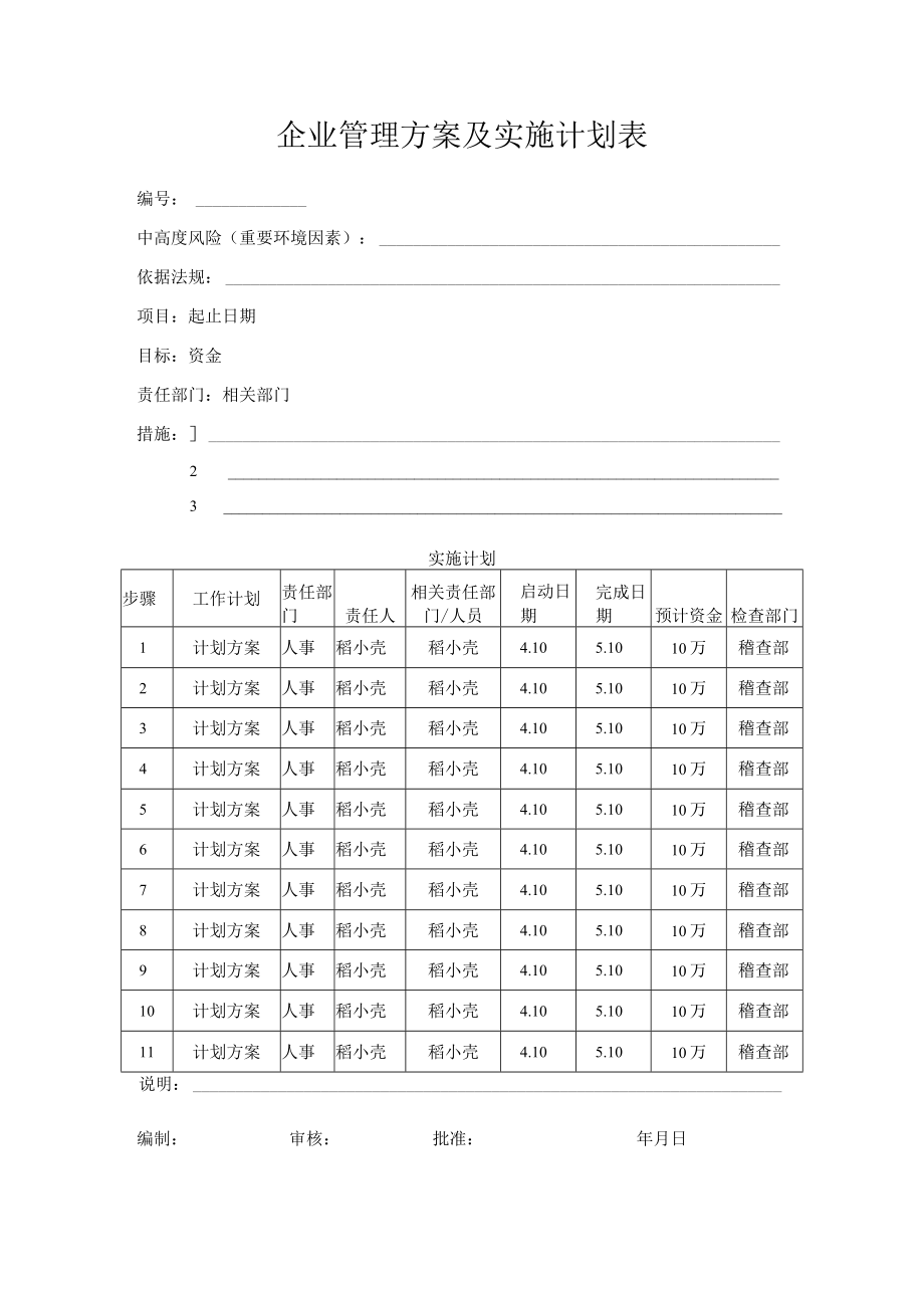 企业管理方案及实施计划表.docx_第1页