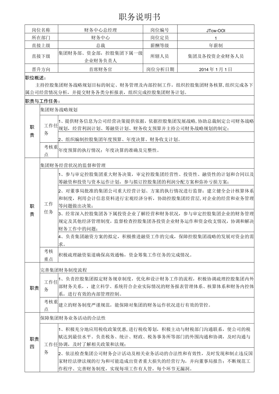 1集团财务中心总经理岗位说明书.docx_第1页