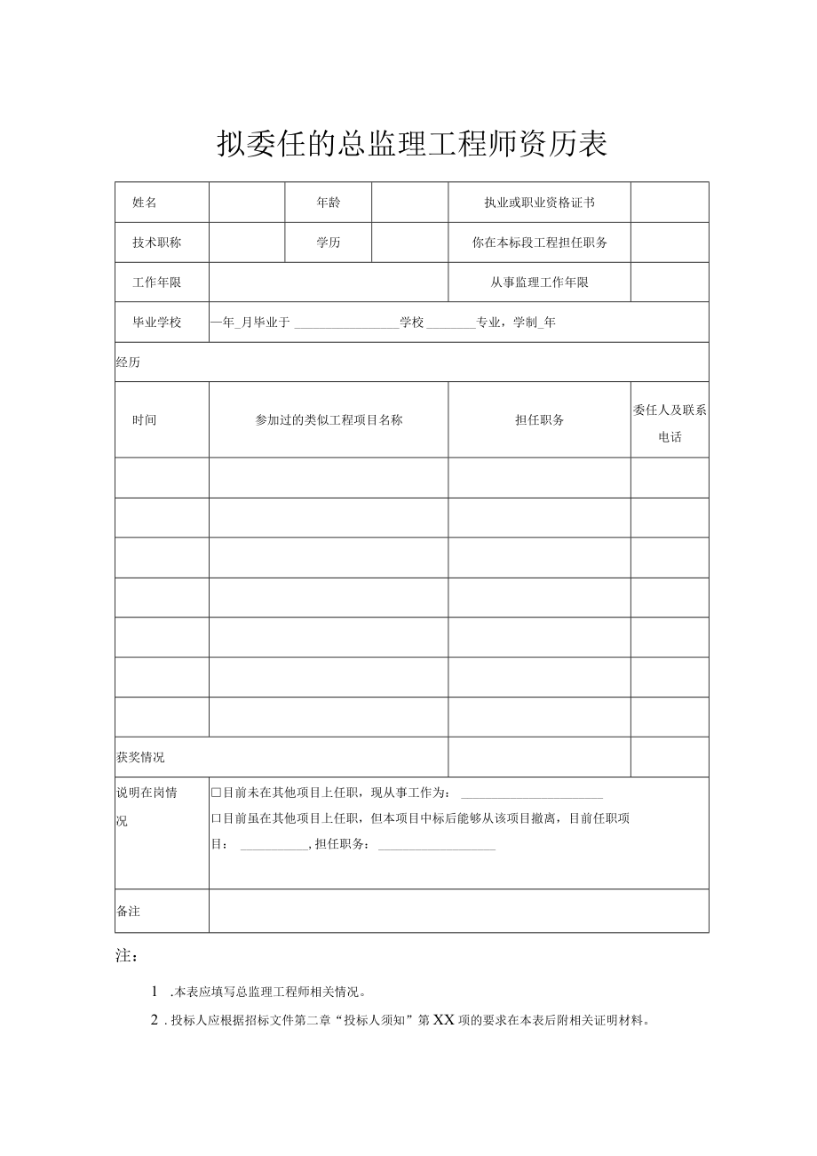 拟委任的总监理工程师资历表.docx_第1页