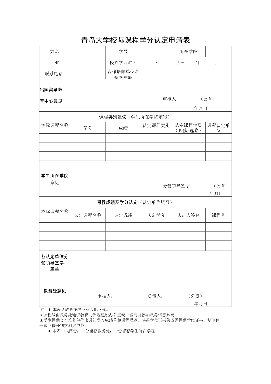 青岛大学校际课程学分认定申请表.docx_第1页