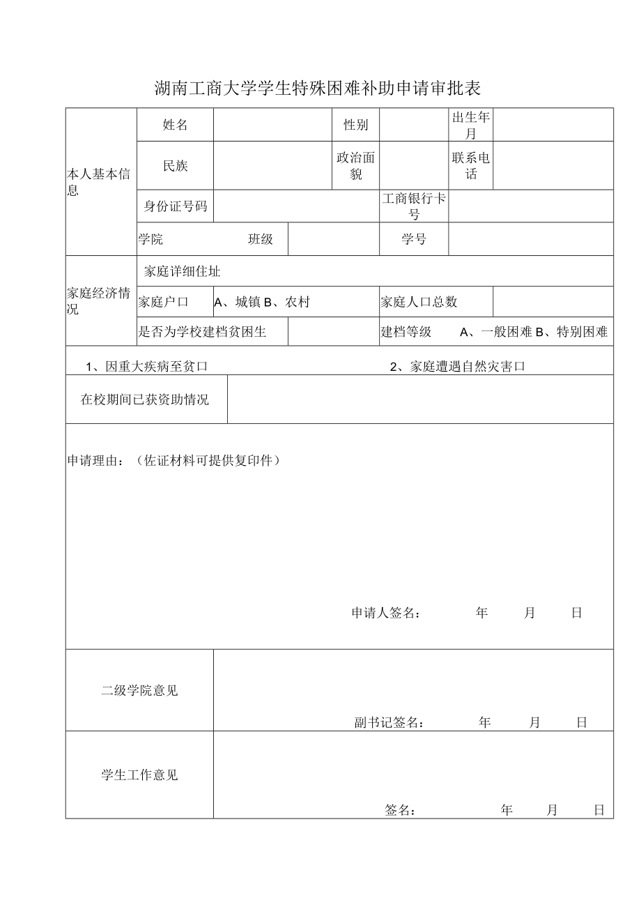 湖南工商大学学生特殊困难补助申请审批表.docx_第1页