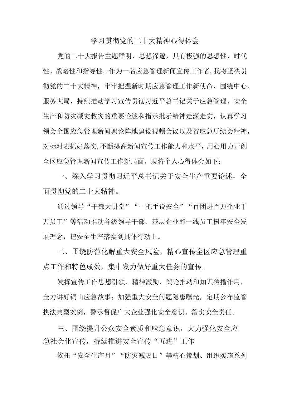 应急管理局基层个人学习贯彻党的二十大精神心得体会三篇.docx_第1页