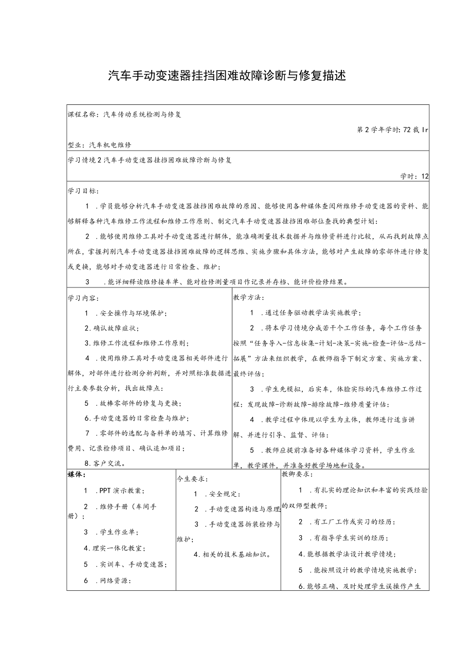 汽车手动变速器挂挡困难故障诊断与修复描述.docx_第1页