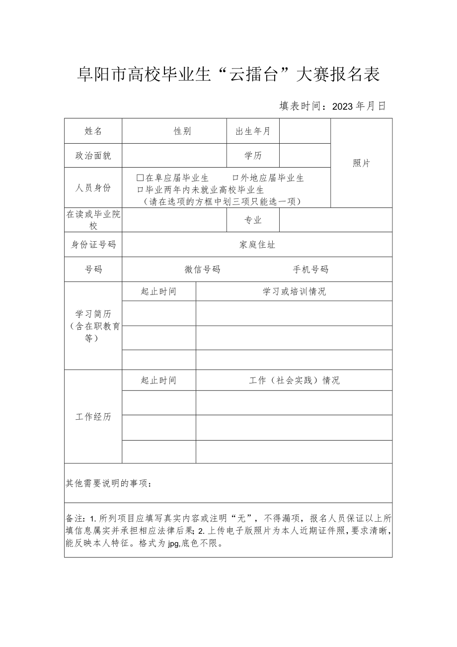 阜阳市高校毕业生“云擂台”大赛报名表.docx_第1页