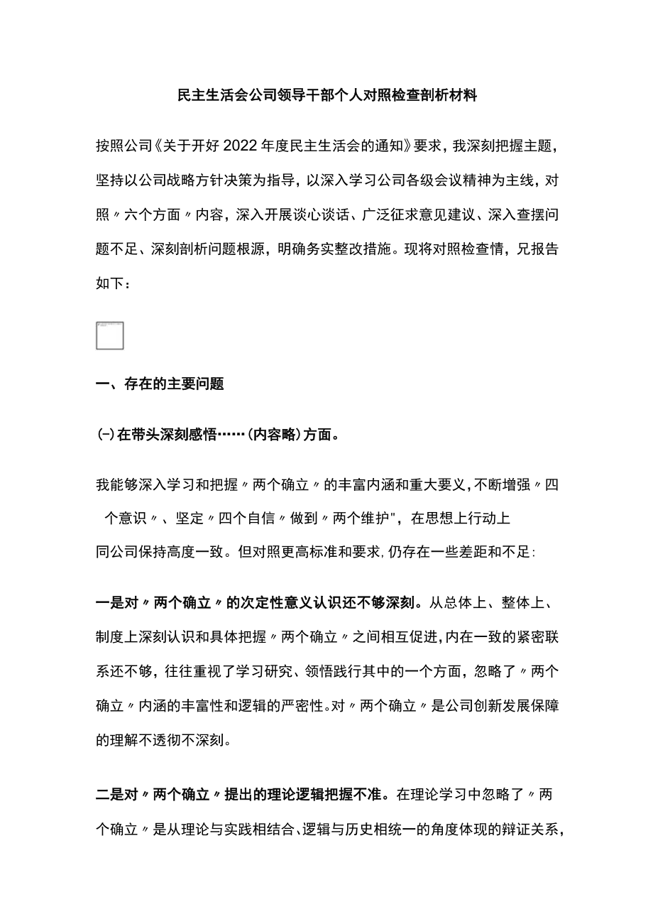 民主生活会公司领导干部个人对照检查剖析材料.docx_第1页