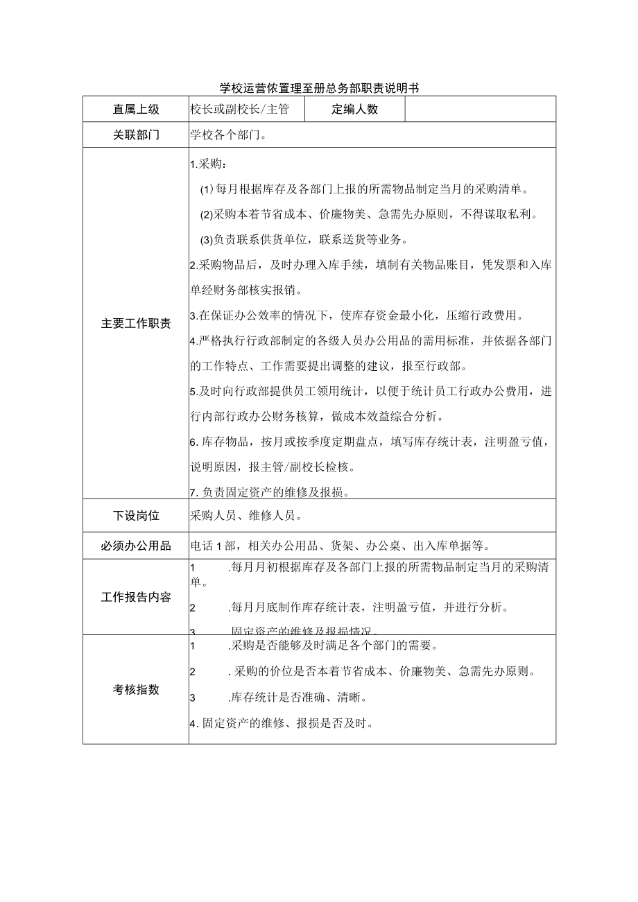 学校运营行政管理手册总务部职责说明书.docx_第1页