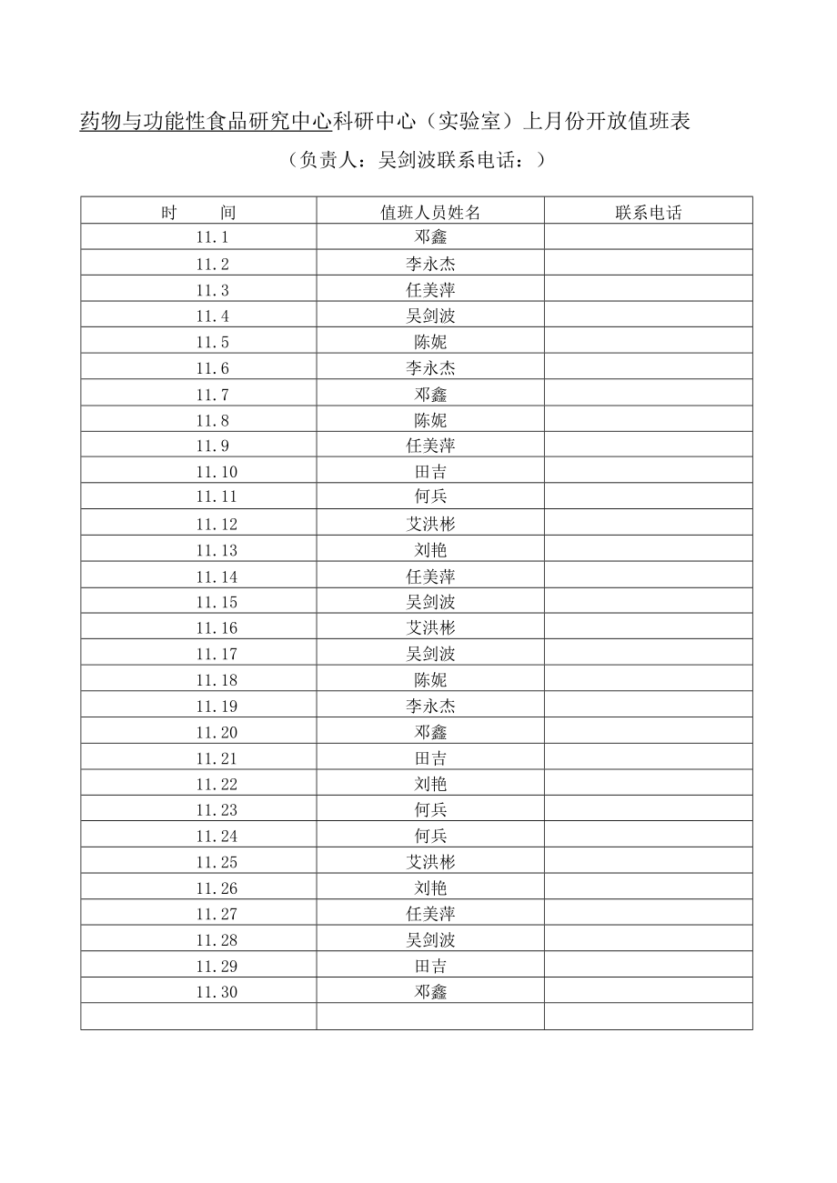 药物与功能性食品研究中心科研中心实验室11月份开放值班表.docx_第1页