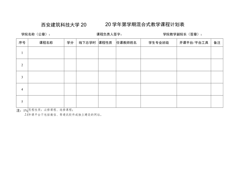 西安建筑科技大学20——20学年第学期混合式教学课程计划表.docx_第1页