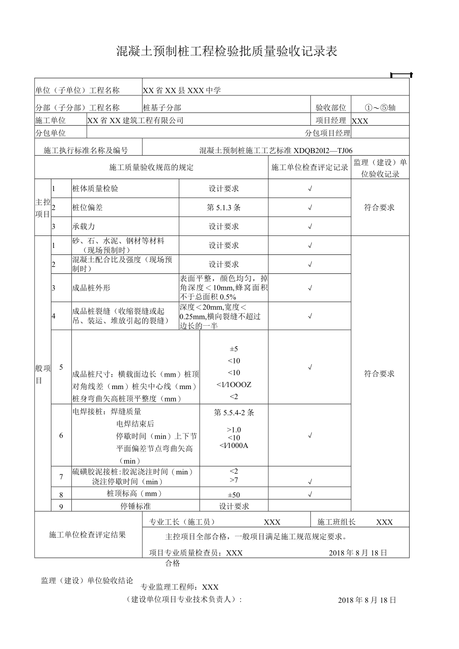 混凝土预制桩工程检验批质量验收记录表.docx_第1页