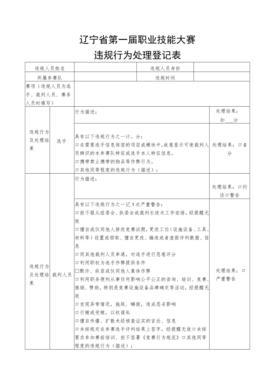 辽宁省第一届职业技能大赛违规行为处理登记表.docx_第1页