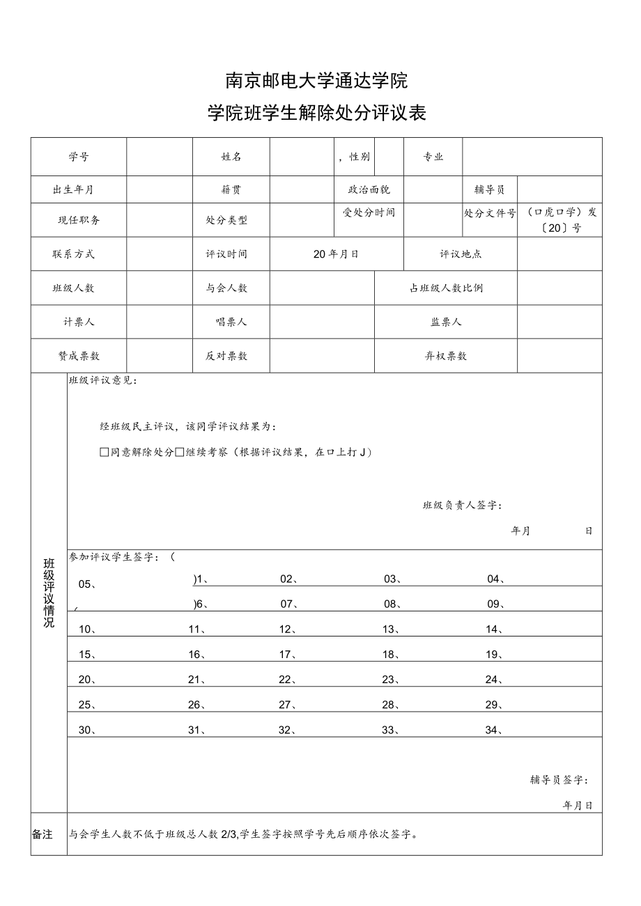 南京邮电大学通达学院学院班学生解除处分评议表.docx_第1页