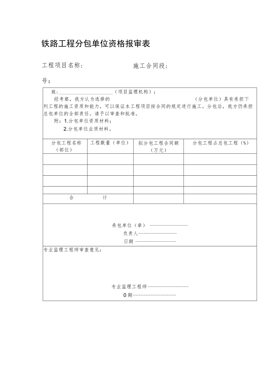 铁路工程分包单位资格报审表.docx_第1页