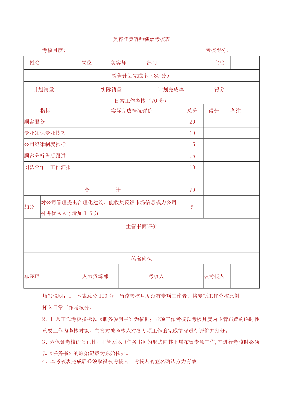 美容院美容师绩效考核表.docx_第1页