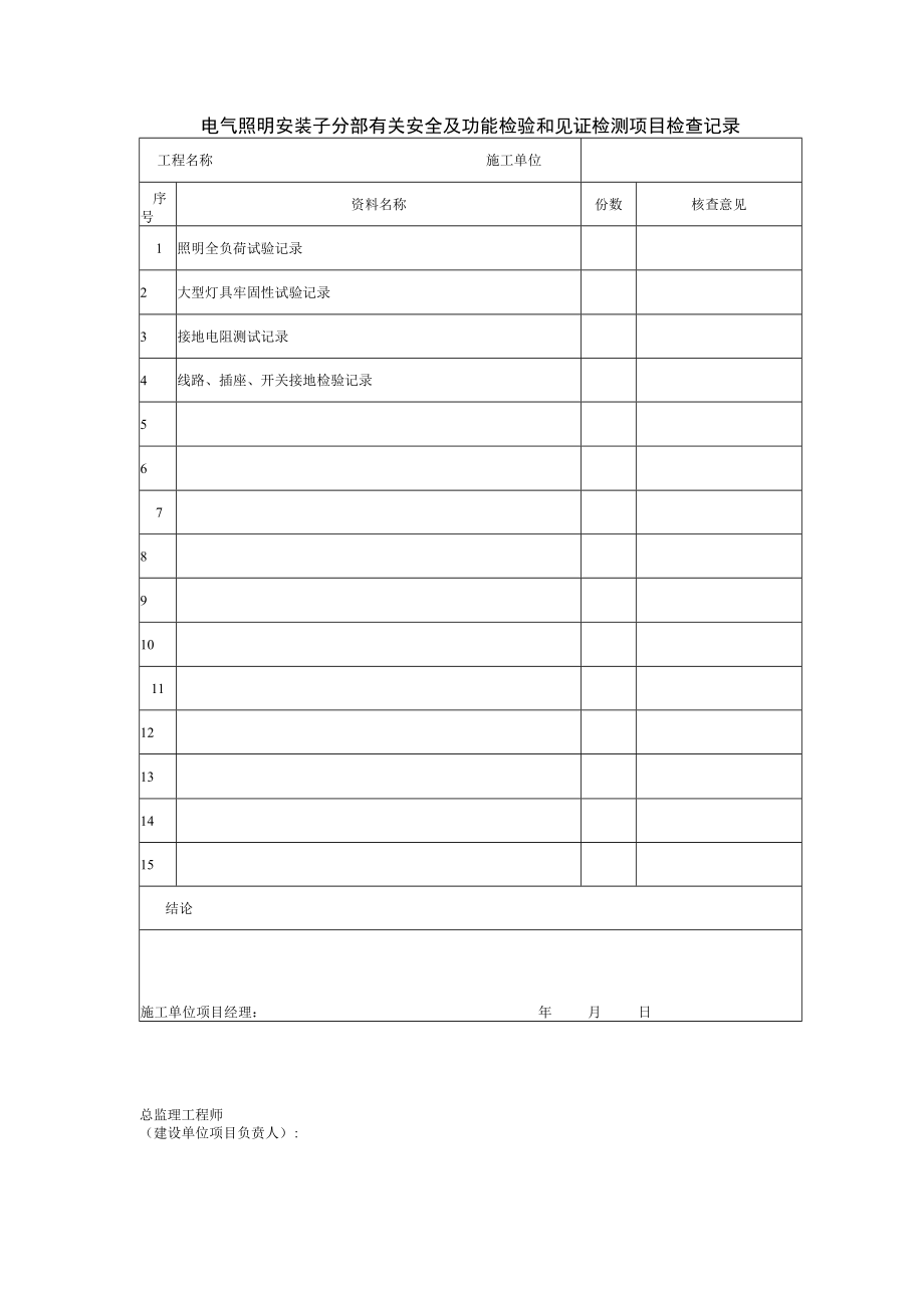 电气照明安装子分部有关安全及功能检验和见证检测项目检查记录.docx_第1页