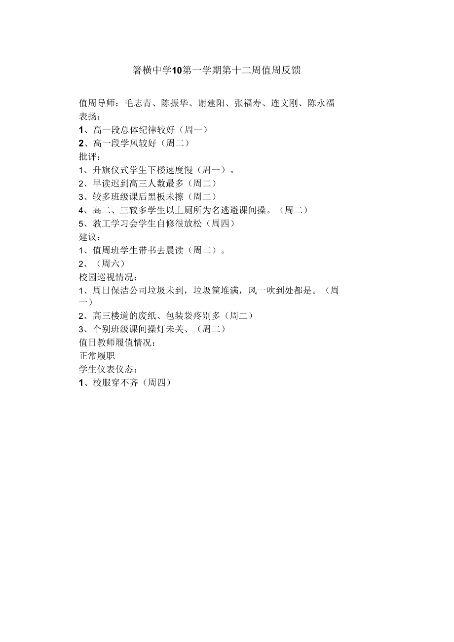 箬横中学10第一学期第十二周值周反馈.docx_第1页